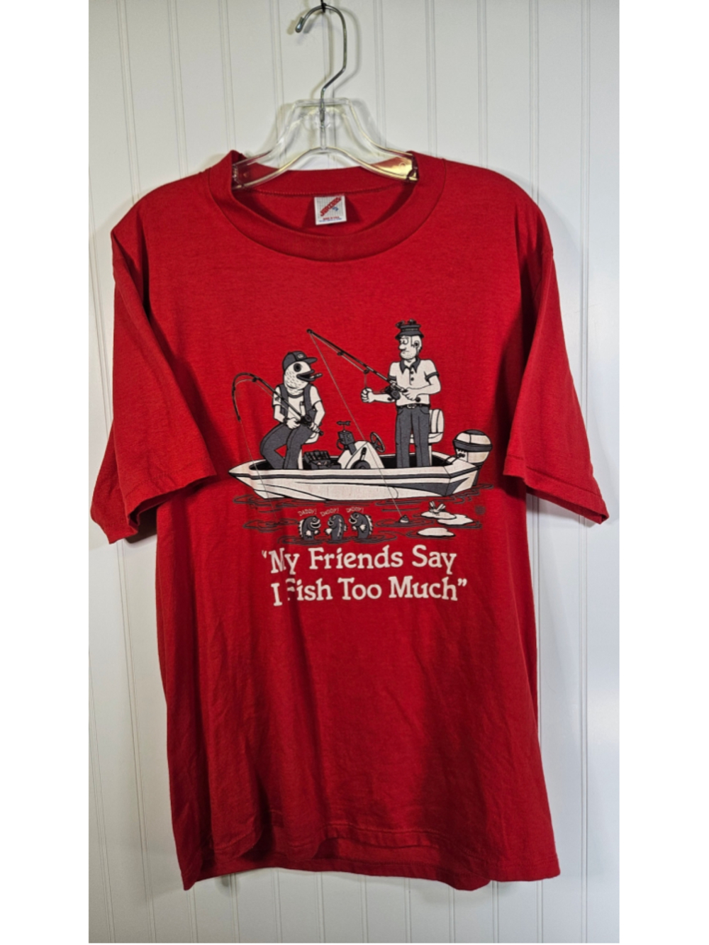 Vintage Jerzees Fishing T Shirt USA Single Stitch My Friends Say I Fish Too Much